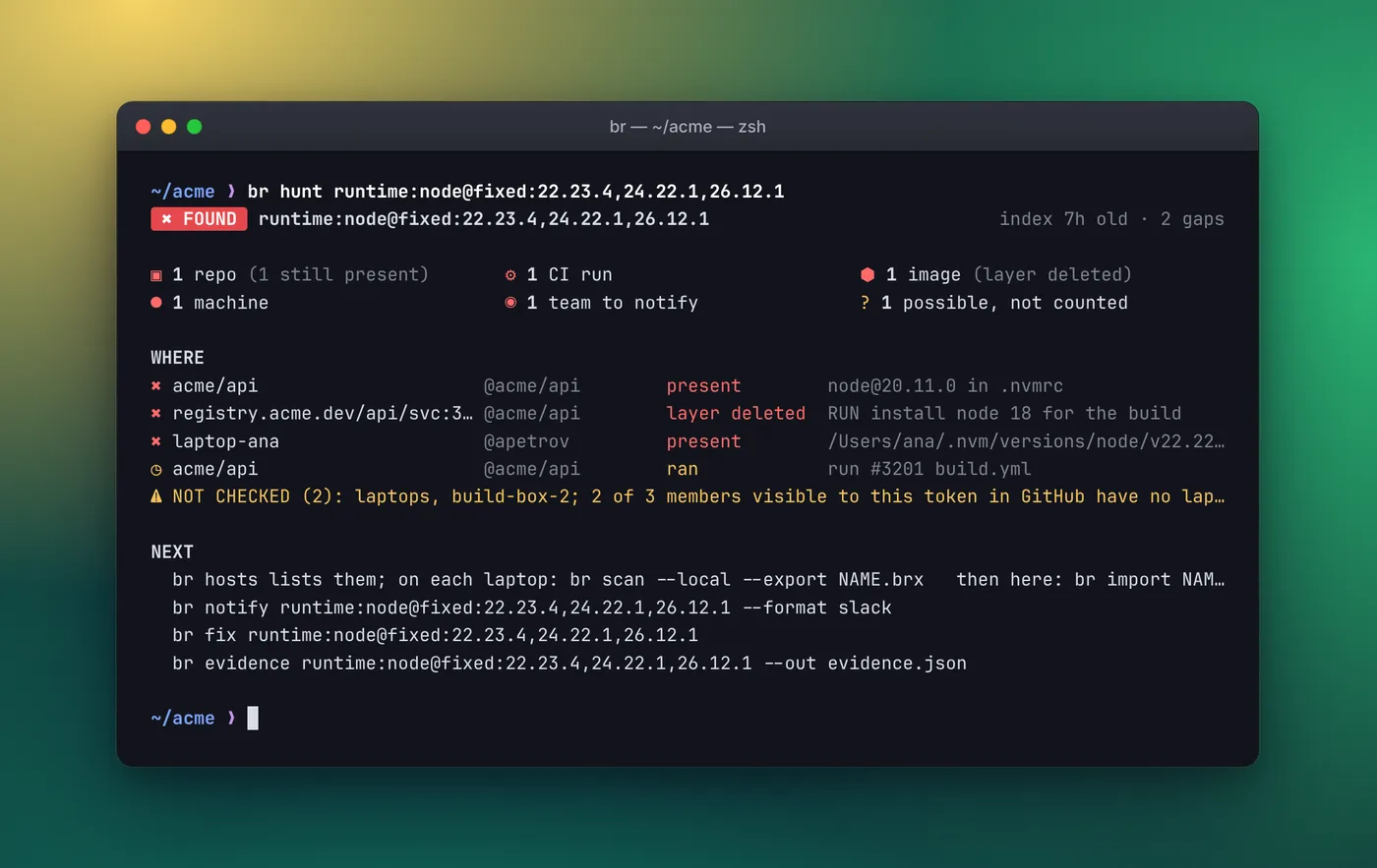 br output listing Node.js runtimes in images and CI that are below the October release.