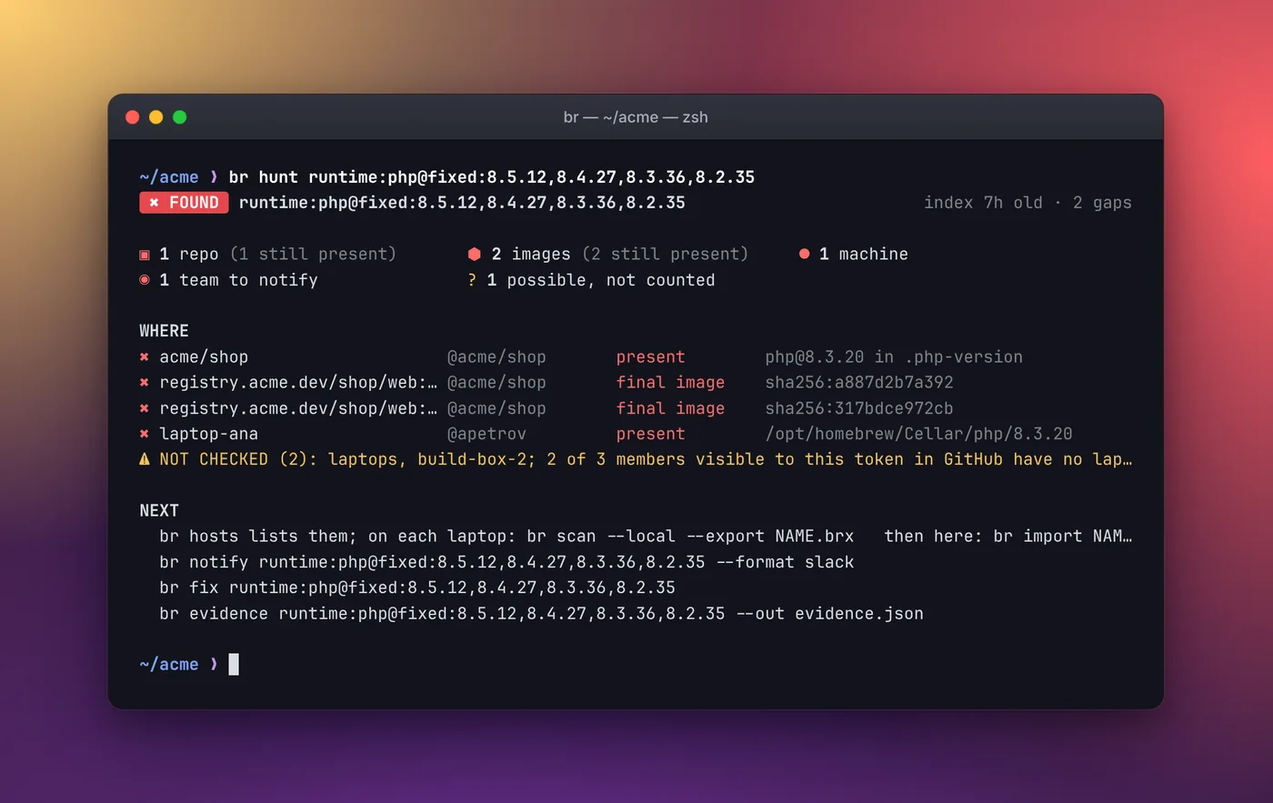 br output listing PHP runtimes below the fixed release of their branch, with owners.