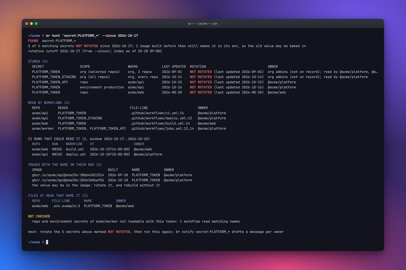 br output listing secrets matching a name, each marked rotated or not rotated since the breach.
